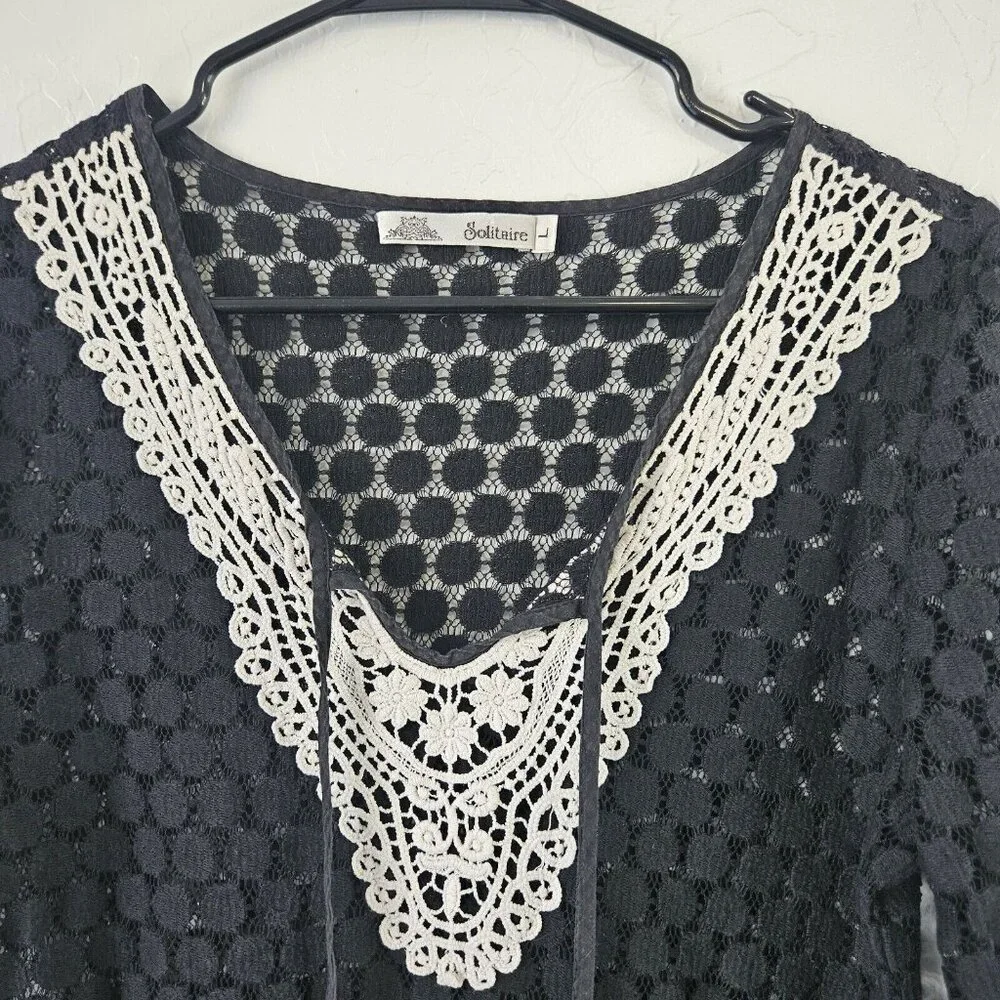 Womens Black Lace Dot Sheer  Blouse Sz Lg Fairy Grunge Goth Witchy Boho Office